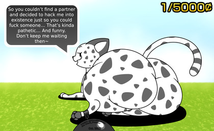 ambiguous_gender ball_and_chain big_butt butt chain cloud cuff_(restraint) currency_symbol degradation detailed_background feral fur grass grey_markings huge_butt looking_at_viewer lying markings multicolored_body nude number on_side open_mouth outside pawpads paws plant profanity restraints shackles simple_background sky skyscape smile solo spots spotted_body spotted_markings symbol tail text thick_thighs two_tone_body white_body white_fur dani_fennec ponos_corp. the_battle_cats cheetah_cat cheetah felid feline mammal 2023 digital_drawing_(artwork) digital_media_(artwork) english_text hi_res watermark