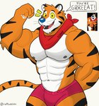 abs anthro barazoku biceps biped black_body black_fur black_stripes blue_nose bulge clothed clothing dialogue eyebrows fur kerchief male mascot muscular muscular_anthro muscular_male navel neckerchief neckwear nipples orange_body orange_fur pecs red_kerchief red_neckerchief reference_image simple_background solo speech_bubble striped_body striped_fur stripes tail talking_to_viewer text thick_thighs underwear underwear_only white_background white_body white_fur yellow_sclera ruffusbleu frosted_flakes kellogg's tony_the_tiger felid mammal pantherine tiger 2023 digital_media_(artwork) english_text hi_res