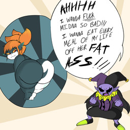 angry bent_over big_butt breasts butt female huge_butt humor male not_furry shitpost shortstack shortstack_female small_breasts yell masterj291 deltarune nintendo the_legend_of_zelda twilight_princess undertale_(series) jevil_(deltarune) midna darkner humanoid imp monster twili 1:1 2019 digital_media_(artwork) hi_res meme