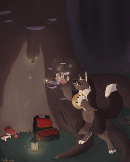 ambiguous_gender anthro facial_piercing fangs fungus fur hair lamp lantern mushroom nose_piercing nude piercing smile solo standing teeth meldritchhorror canid canine canis mammal wolf absurd_res hi_res