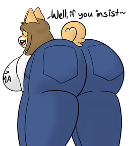 anthro belt big_breasts big_butt blue_bottomwear blue_clothing blue_pants bottomwear breasts brown_hair butt butt_focus clothed clothed_anthro clothed_female clothing countershade_face countershading dialogue eyelashes eyes_closed female fur hair huge_breasts huge_butt imminent_facesitting open_mouth open_smile pants shirt simple_background smile solo t-shirt tan_body tan_fur teeth text tooth_gap topwear white_background white_clothing white_shirt white_t-shirt white_topwear plumpybuns june_(jinu) canid canine canis domestic_dog mammal shiba_inu spitz 2021 absurd_res digital_drawing_(artwork) digital_media_(artwork) english_description english_text hi_res
