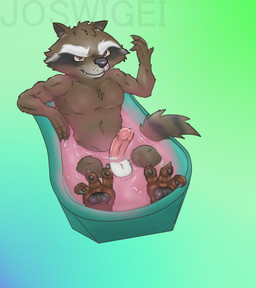 3_toes anthro balls bath bathing bathtub black_body black_fur black_nose black_pawpads brown_body brown_eyes brown_fur erection feet fur genitals humanoid_genitalia humanoid_penis looking_at_viewer male multicolored_body multicolored_fur nude partially_submerged pawpads paws penis simple_background solo toes wet white_balls white_body white_fur pukaa disney guardians_of_the_galaxy marvel rocket_raccoon mammal procyonid raccoon