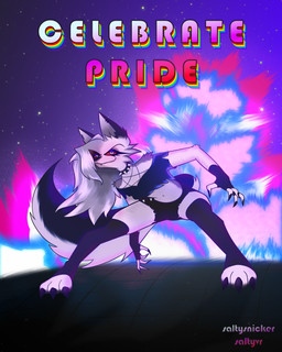 anthro black_nails choker clothed clothing colored_nails cosmic_background explosion female fur grey_body grey_fur hair jewelry legwear lgbt_pride lgbtq long_hair makeup nails necklace pride_color_background pride_colors red_eyes simple_background sky solo spread_legs spreading standing star starry_background starry_sky text thigh_highs white_body white_fur saltysnicker saltyvr hellaverse helluva_boss loona loona_(helluva_boss) canid canine canis mammal wolf absurd_res hi_res