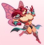 abs antennae_(anatomy) anthro armor back_wings big_breasts breasts chopsticks_in_hair grin hair hair_bun insect_wings lepidopteran_wings male muscle_tone muscular muscular_anthro muscular_male not_furry one_eye_closed orange_body orange_skin pecs pink_background red_body red_hair red_sclera red_skin simple_background smile solo tan_body tan_skin unconvincing_armor wide_eyed wings wink val-q soardon_(eddyoshi) arthropod butterfly insect lepidopteran hi_res