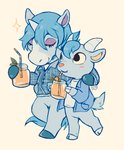 anthro arm_around_shoulders beverage blue_body blue_fur blue_hair blush chibi daww duo fur hair hooves horn juice_(beverage) male male/male orange_juice romantic romantic_couple suikuzu suizilla animal_crossing mythology nintendo julian_(animal_crossing) sherb_(animal_crossing) bovid caprine equid equine goat mammal mythological_creature mythological_equine unicorn digital_media_(artwork) hi_res