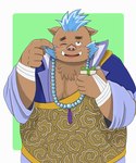 anthro blue_hair blush box brown_body brown_fur buddhist_priest_outfit container embarrassed fur gift_bow gift_box hair male one_eye_closed overweight overweight_male solo wink tankyuki_tanu lifewonders tokyo_afterschool_summoners ganglie_(tas) mammal suid suina sus_(pig) wild_boar 5:6 hi_res