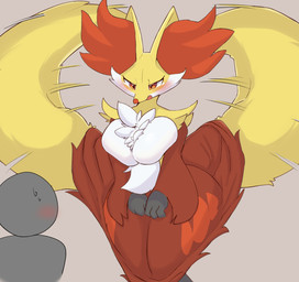 ambiguous_gender ambiguous_human anthro big_breasts big_tail black_body black_fur blush bodily_fluids breast_squish breasts cheek_tuft cleavage clothed clothing dress duo embarrassed facial_tuft fangs featureless_breasts female female_anthro fluffy fluffy_chest fur inner_ear_fluff larger_anthro larger_female looking_at_another multicolored_body multicolored_fur open_mouth orange_body orange_fur pseudo_clothing pulling_on_clothes red_eyes size_difference small_waist smaller_ambiguous smaller_human squish sweat tail tail_motion tailwag teeth thick_thighs tuft white_body white_fur wide_hips yellow_body yellow_fur hizakatamaru nintendo pokemon anon delphox generation_6_pokemon human mammal pokemon_(species) 2026 digital_drawing_(artwork) digital_media_(artwork) hi_res