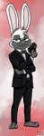 anthro bow_tie clothing electroshock_weapon fur green_eyes grey_body grey_fur gun handgun male pistol ranged_weapon solo suit taser weapon white_body white_fur ziegelzeig washington_(robocoyote) lagomorph leporid mammal rabbit