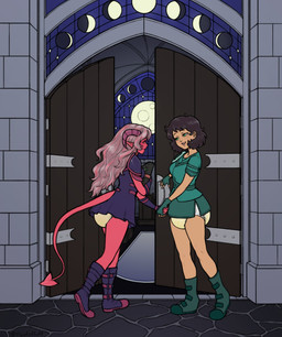 black_hair bodily_fluids book boots clothed clothing detailed_background diaper door duo eye_contact female footwear genital_fluids green_clothing hair horn looking_at_another opening_door purple_clothing red_body red_hair shoes spellbook tail unclean_diaper urine used_diaper wearing_diaper wet_diaper floofnfluff demon absurd_res character_request hi_res