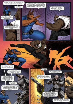 5_fingers abs anthro armor black_hair black_nose brown_body brown_fur brown_hair bullet clothed clothed_anthro clothed_male clothing dialogue eyewear fangs fight fingers fur grey_hair group gun hair hair_over_eye handgun humanoid_hands kick male multicolored_body multicolored_fur multicolored_hair muscular muscular_anthro muscular_male page_number pistol police police_officer police_uniform ranged_weapon shirt standing sunglasses teeth text topwear two_tone_hair uniform vest weapon nexus bonner_(character) dieff_(nexus) elijah_(nexus) jason_steiner bovid bovine canid canine canis cattle dobermann domestic_dog german_shepherd herding_dog hyaenodon hyaenodontid mammal pastoral_dog pinscher comic english_text hi_res