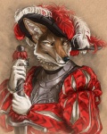 abstract_background ambiguous_gender anthro armor black_claws black_nose claws clothed clothing fully_clothed fur hat headgear headwear humanoid_hands inner_ear_fluff landsknecht long_mouth male melee_weapon mercenary orange_eyes simple_background snout solo sword tuft weapon white_body white_fur redcoatcat terak canid canine canis coyote mammal digital_media_(artwork) half-length_portrait portrait