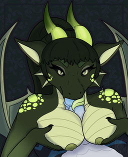 anthro big_penis breast_play breasts duo female genitals male male/female offscreen_male penis sex sucking titfuck tongue tongue_out vein toastiecoyote mythology dragon mythological_creature mythological_scalie reptile scalie absurd_res hi_res