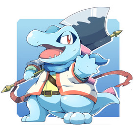 3_toes ambiguous_gender axe blue_body clothing feet melee_weapon open_mouth red_eyes simple_background solo teeth toes tongue weapon tatu_wani nintendo pokemon generation_2_pokemon pokemon_(species) scalie totodile 2020 hi_res