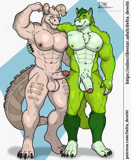 abs anthro areola balls biceps big_muscles big_pecs claws duo erection eyewear fur genitals glans glasses green_body horn huge_pecs humanoid_genitalia humanoid_penis male male/male muscular navel nipple_piercing nipples nude nude_anthro nude_male one_eye_closed pecs penis piercing simple_background smile tail teeth delta_dewitt fallout microsoft daniel_brisco canid canine canis deathclaw mammal reptile scalie wolf 2025 digital_media_(artwork) hi_res