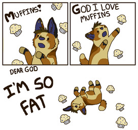 ambiguous_gender black_body black_fur black_text blue_inner_ear blue_nose blue_tongue brown_body brown_fur chibi digitigrade dot_eyes feral food freckles fur head_tuft lying muffin on_back on_hind_legs open_mouth simple_background simple_eyes solo tail tan_body tan_fur text tongue tuft white_background sebdoggo blue_(sebdoggo) canid canine canis domestic_dog herding_dog mammal mixed_breed pastoral_dog welsh_corgi 2012 aliasing comic digital_drawing_(artwork) digital_media_(artwork) english_text flat_colors handwritten_text microsoft_paint_(artwork) trans_(lore) trans_man_(lore)
