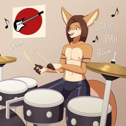 anthro areola blue_eyes bottomwear brown_hair clothed clothing countershading drum drum_set drummer drumming drumming_stick freckles fur hair latex male male_anthro multicolored_body multicolored_fur music musical_instrument musical_symbol nipples open_mouth orange_body orange_fur pants percussion_instrument percussion_mallet sitting solo symbol tail topless topless_anthro topless_male flyingtrace laine_(flyingtrace) kangaroo macropod mammal marsupial 2025 digital_media_(artwork) hi_res shaded signature
