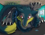 anthro claws cramped destruction fangs fluffy flustered fur green_body green_fur grey_body grey_fur growth macro male paws potion red_eyes shy solo tail tail_tuft teeth text tight_space tuft yellow_body yellow_fur catmonkshiro brom_(sahurus) sergal absurd_res english_text hi_res