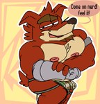 anthro clothing dialogue erection fur half-closed_eyes looking_at_viewer male muscular narrowed_eyes nipples red_body red_fur solo text thong underwear inked-waffle activision crash_bandicoot_(series) crunch_bandicoot bandicoot mammal marsupial english_text sketch