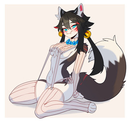 anthro beaded_jewelry beaded_necklace beads bell black_body black_fur black_hair blue_eyes blue_jewelry blue_necklace breasts clothed clothing countershading female fluffy fluffy_tail fur hair half-closed_eyes highlights_(coloring) jewelry legwear looking_at_viewer markings multicolored_body multicolored_fur multicolored_hair narrowed_eyes necklace paws pointy_ears pose red_highlights red_markings sharp_teeth skimpy smug_face solo stockings sweater tail teeth topwear under_boob virgin_destroyer_sweater white_body white_fur ghastlyfish meme_clothing tsuki_(rhinyan) canid canine fox mammal 2024 digital_media_(artwork) english_description hi_res meme pinup