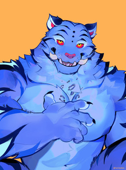 5_fingers anthro anthrofied black_claws blue_body blue_fur blue_stripes claws fangs finger_claws fingers fur half-closed_eyes hand_on_chest looking_at_viewer male muscular muscular_anthro muscular_male narrowed_eyes pink_nose red_inner_ear red_sclera simple_background sitting solo striped_body striped_fur stripes teeth whiskers yellow_background yellow_eyes lanladeo kpop_demon_hunters derpy_(kpopdemonhunters) felid mammal pantherine tiger hi_res
