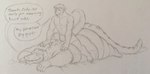 anthro backrub belly big_belly dialogue duo heart_symbol looking_pleasured lying male male/male massaging motion_lines on_back on_front overweight overweight_anthro overweight_male size_difference smaller_male smile speech_bubble spread_legs spreading tail tail_motion tailwag text eon54 mythology cody_(swatthefox) jagged_(eon54) crocodile crocodilian dragon mythological_creature mythological_scalie reptile scalie english_text traditional_media_(artwork)