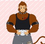 animated anthro armband bottomwear clothing collar controller cowardlion digital_media_(artwork) fossil_fighters green_eyes haplorhine jewelry live2d_(artwork) live2d_cubism_(artwork) male mammal monkey muscular necklace primate short_playtime shorts solo spiked_collar spikes vtuber