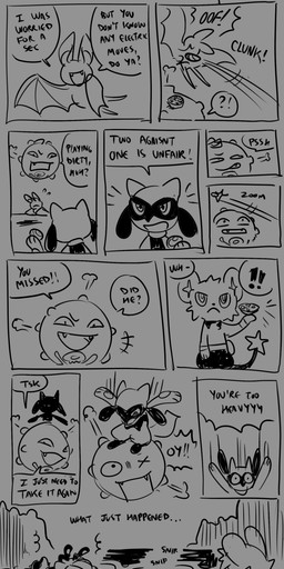 14_panel_comic ambiguous_gender anthro attack bag biped black_eyes black_nose black_text bodily_fluids clenched_teeth dialogue dizzy_eyes ellipsis emphatic_ellipsis exclamation_point eyebrows eyeless feral flying fur group holding_object looking_at_another lying motion_lines mouth_closed on_back on_ground open_mouth open_smile paws pupils quadruped question_mark sharp_teeth smile sound_effects speech_bubble standing sweat sweatdrop tail talking_to_another teeth text tongue tongue_out wings wounded x_eye flavia-elric nintendo pokemon pokemon_mystery_dungeon spike_chunsoft derek_(flavia-elric) koffing_(eotds) shen_(flavia-elric) zubat_(eotds) generation_1_pokemon generation_4_pokemon koffing pokemon_(species) riolu shinx zubat 2025 absurd_res comic english_text hi_res monochrome