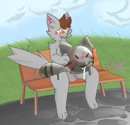 ambiguous_gender ambiguous_penetrated animal_genitalia animal_penis anthro balls bench biped black_nose blush bodily_fluids brown_hair canine_genitalia canine_penis cloud cum cum_in_goo cum_inside cum_on_face duo erection eyes_closed feral fur genital_fluids genitals grass grey_body grey_fur grey_tail hair holding_other holding_slime knot looking_at_another looking_at_partner looking_pleasured male male/ambiguous male_penetrating male_penetrating_ambiguous open_mouth outside park_bench path penetration penis penis_in_slime plant sex sky slime_sex stiff_tail stone_path tail translucent translucent_body yellow_eyes sourangel slime_rancher tiberius_magnus domestic_cat felid feline felis goo_creature mammal slime_(blob) slime_(slime_rancher) tabby_slime 2026 alternate_version_at_source hi_res shaded watermark