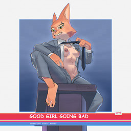 4_toes anthro areola barefoot blouse bottomwear breasts clothed clothing eyebrow_piercing facial_piercing feet female fur good_girl green_eyes jacket looking_at_viewer necktie nipples orange_body orange_fur pants partially_clothed piercing plantigrade pubes simple_background solo text toes topwear pulred dreamworks the_bad_guys diane_foxington canid canine fox mammal 1:1 digital_media_(artwork) english_text hi_res