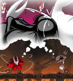 anthro big_breasts big_butt black_body bodily_fluids breasts butt cloak clothing cum cum_inflation cum_inside dress duo female genital_fluids glistening glistening_body huge_breasts inflation intersex intersex/female laugh melee_weapon mocking red_clothing red_dress reflective_body sex small_waist sword thought_bubble weapon white_body sillyseacreatur weaver hollow_knight:_silksong hollow_knight_(franchise) inktober_2025 team_cherry hornet_(hollow_knight) lace_(hollow_knight:_silksong) arthropod hornet hymenopteran insect vespid wasp hi_res