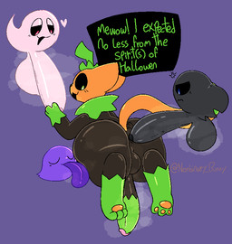 balls big_butt big_penis black_balls black_body black_fur black_penis black_sclera blue_eyes butt dialogue erection eyes_closed feral flaccid for_a_head fur genitals green_body green_eyes green_fur green_hair green_penis grey_body grey_penis group hair huge_penis humanoid_genitalia humanoid_penis male male/male orange_body orange_ears orange_fur orange_pawpads orange_tail pawpads penis plant pumpkin_head purple_body red_eyes small_but_hung tail text white_body nonbinary_bunny pumkat domestic_cat elemental_creature felid feline felis flora_fauna ghost mammal object_head spirit 2022 colored digital_media_(artwork) english_text watermark