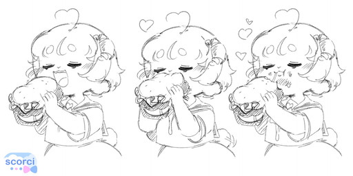ahoge anthro bread burger clothing croissant eating eating_food eyes_closed female food hair heart_ahoge heart_symbol open_mouth pastry school_uniform simple_background solo tail uniform white_background scorci chelsi bovid caprine mammal sheep 2026 hi_res sketch