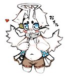 :3 accessory ahoge anthro bandage bandage_on_face bandage_on_nose blue_eyes blush bottomwear brown_bottomwear brown_clothing brown_shorts clothed clothing fur hair hair_accessory hair_tie hands_on_clothing heart_symbol kemono looking_at_viewer male navel no_pupils open_mouth shorts sleveless_shirt solo text white_body white_fur wings young young_anthro young_male dinogaize unknown_species 2018 hi_res japanese_text