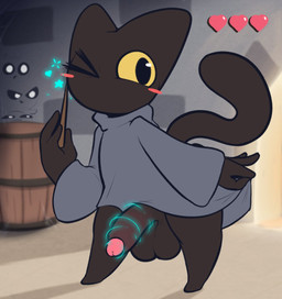 anthro balls big_balls blush cloak cloak_only clothed clothing crossgender ftm_crossgender gameplay_mechanics genitals gui health_bar looking_at_viewer male partially_clothed penis solo rabblet google google_doodle magic_cat_academy momo_(google) domestic_cat felid feline felis ghost mammal spirit 2022