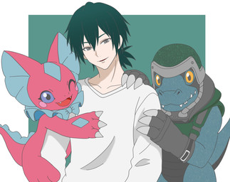 anthro armor female frill_(anatomy) group headgear helmet hug male military one_eye_closed smile soldier trio warrior wink snack_aoi_itdy5 bandai_namco digimon digimon_beatbreak haruomi_sone commandramon digimon_(species) elizamon human mammal scalie hi_res
