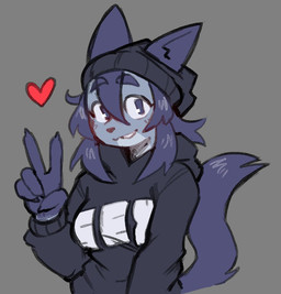 5_fingers anthro beanie blue_body blue_eyebrows blue_eyes blue_fur blue_hair blue_tail breasts clothed clothed_anthro clothed_female clothing eyebrow_through_hair eyebrows female female_anthro fingers front_view fur furgonomic_beanie furgonomic_headwear furgonomics gesture grey_background hair hand_gesture hat headgear headwear heart_symbol hoodie simple_background solo tail topwear translucent translucent_hair v_sign white_sclera derpyfox_36 mini_(puppy_in_space) canid canine canis domestic_dog mammal 2023 digital_drawing_(artwork) digital_media_(artwork) half-length_portrait portrait