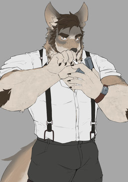 5_fingers anthro brown_body brown_fur brown_hair claws clock clothed clothed_anthro clothed_male clothing eyebrows fingers fur hair holding_lighter holding_object humanoid_hands lighter male solo thick_eyebrows watch wristwatch shenhao0925 echo_(series) echo_project the_smoke_room william_adler canid canine canis coyote mammal hi_res