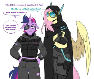 anthro anthrofied asking asking_another black_clothing cloak clothing color_coded color_coded_speech_bubble color_coded_text dialogue duo eye_patch eye_scar eyewear facial_scar female fingerless_gloves gloves goggles handwear horn partial_speech_bubble question scar simple_background speech_bubble talking_to_another text tsk_tsk ugh vowelless vowelless_vocalization white_background wings yes-no_question redxbacon friendship_is_magic hasbro my_little_pony mythology fluttershy_(mlp) twilight_sparkle_(mlp) equid equine mammal mythological_creature mythological_equine pegasus unicorn english_text hi_res
