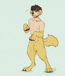 animal_genitalia balls bodily_fluids digitigrade feet feral fur genitals green_eyes hair handpaw hindpaw human_to_feral male paws sheath solo species_transformation standing sweat transformation yellow_body yellow_fur lakehounds canid canine canis domestic_dog human mammal