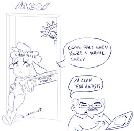 commentary eyewear female glasses group looking_at_viewer male push text unknown_artist 4chan droopy_(series) metro-goldwyn-mayer sheep_wrecked leggy_lamb bovid caprine domestic_sheep human mammal sheep blue_and_white digital_drawing_(artwork) digital_media_(artwork) english_text monochrome