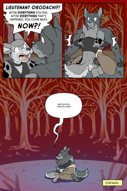 anthro bodily_fluids bottomless clothed clothing crying dialogue duo eyebrows female fluffy fluffy_tail hug magic male plant scar tail tears teeth text to_be_continued tongue torn_clothing tree rick_griffin ideka orodachi canid canine canis mammal wolf 2024 2:3 comic english_text hi_res