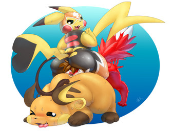 ambiguous_gender ambiguous_rimming anal anthro ass_up between_butts big_butt biped black_markings black_nose black_sclera bodily_fluids butt claws clothed clothing cosplay_pikachu_(costume) countershade_face countershading digitigrade dipstick_ears dipstick_tail dominant dominant_female ear_markings facesitting female fluffy fluffy_tail forced forced_rimming fur gloves_(marking) group heart_tail larger_female leg_markings looking_at_another looking_back looking_back_at_another male markings mask multicolored_body multicolored_ears nude one_eye_closed open_mouth oral pokemorph red_body red_fur rimming rosy_cheeks sex simple_background sitting_on_another size_difference smaller_male socks_(marking) sports_mask sportswear submissive submissive_male sweat tail tail_markings tan_body tan_fur teeth thick_thighs tight_clothing tongue tongue_out trio two_against_one two_tone_body white_body white_countershading white_eyes white_fur white_markings wrestling_mask wrestling_outfit yellow_body yellow_fur galo nintendo pokemon pikachu_libre canid canine fox generation_1_pokemon mammal pikachu pokemon_(species) raichu 2025 absurd_res hi_res