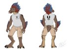 3_fingers 4_toes bare_arms blue_body blue_eyes blue_feathers bottomwear cargo_shorts clothed clothed_male clothing digitigrade emblem feathered_arms feathers feet fingers front_view fully_clothed furgonomics grey_body logo looking_at_viewer looking_back looking_back_at_viewer male multicolored_body multicolored_feathers rear_view red_body red_feathers short_tail shorts simple_background sleeveless_shirt solo standing tail toes unsc benji_(artist) halo_(series) microsoft xbox_game_studios accipitrid accipitriform alien avian bird eagle kig-yar scalie t'vaoan 2015 3:2 model_sheet