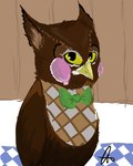 bow_tie bow_tie_only brown_body feral feralized green_bow_tie looking_at_viewer male mostly_nude solo standing yellow_sclera fatcatcakes animal_crossing nintendo blathers_(animal_crossing) avian bird owl 2013 4:5 absurd_res hi_res portrait signature three-quarter_portrait