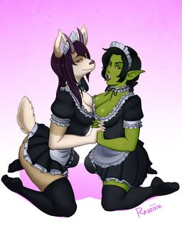 accessory anthro apron black_hair breasts brown_eyes choker cleavage clothed clothing dog_tail duo female female/female female_on_anthro fur gradient_background hair hand_holding headband horn humanoid_on_anthro humanoid_pointy_ears interlocked_fingers interspecies jewelry kneeling legwear looking_at_viewer maid_uniform necklace open_mouth pointy_ears raised_tail short_tail simple_background stockings tail thigh_highs tusks uniform rayzoir canid canine canis domestic_dog humanoid mammal orc 2017 digital_media_(artwork) hi_res