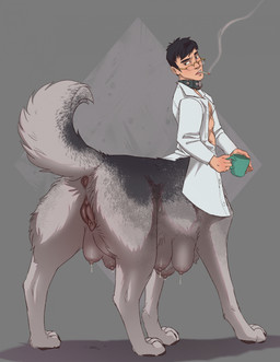 andromorph andromorph_lactation andromorph_taur animal_genitalia animal_vulva anus bodily_fluids breasts canine_genitalia canine_vulva cigarette cigarette_in_mouth clothing coat collar eyewear fur genitals glasses grey_background grey_body grey_fur intersex intersex_taur lab_coat lactating male_lactation multi_nipple multi_teat multicolored_body multicolored_fur nipples object_in_mouth paws rear_view simple_background smoking smoking_cigarette solo standing teats topwear vulva wearing_glasses thestory canid canid_taur canine canine_taur canis dog_taur domestic_dog humanoid_taur mammal mammal_taur taur hi_res