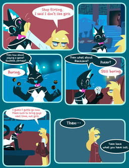 ambiguous_gender anthro black_body black_fur bodily_fluids bow_tie breasts card clothed clothing coat collared_shirt dialogue dress dress_shirt duo female female/female fur furniture heterochromia necktie nervous nervous_sweat on_table playing_card red_eyes roulette shirt speech_bubble sweat table text topwear trenchcoat watching_from_afar yellow_body yellow_fur hydrabb domestic_cat felid feline felis lagomorph leporid mammal rabbit absurd_res comic digital_media_(artwork) english_text hi_res