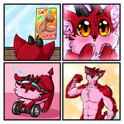 anthro blush border exercise eyes_closed feral fur horn male muscular muscular_male poster red_body red_fur solo sweatband text weightlifting white_border workout theannemine the_click emotional_support_demon demon 1:1 absurd_res english_text hi_res