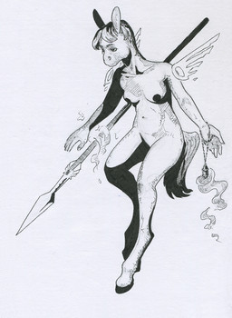 anthro breasts female flying hooves jewelry magic magic_wings melee_weapon nude nude_anthro pendant polearm simple_background solo spear unguligrade weapon adeptus-monitus equid equine horse mammal pony black_and_white monochrome traditional_media_(artwork)