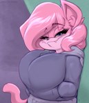 aeris_(vg_cats) anthro big_breasts blue_sclera breasts clothing female hair hi_res joelasko looking_at_viewer pink_body pink_hair pink_tail simple_background smile smug snaggle_tooth solo sweater tail topwear vg_cats